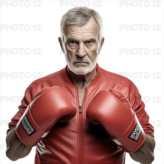 An older man with boxing gloves looks confidently and resolutely into the camera, symbolic image for self-defence at an advanced age, AI generated, AI generated, AI generated
