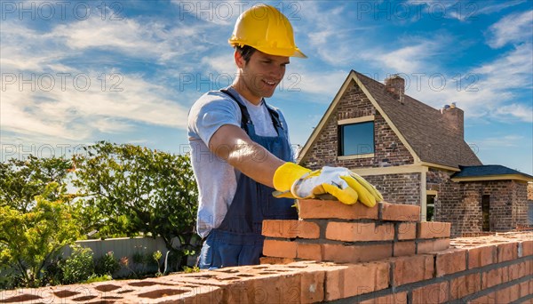 AI generated, A bricklayer inspects a brick wall, 30, 35, years