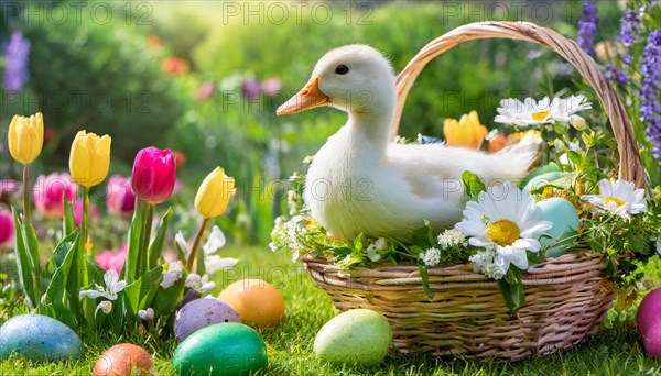 Ai generated, An Easter basket with coloured eggs in a meadow with colourful flowers, in the basket, white duck, domestic duck, symbolic picture Easter, animal children