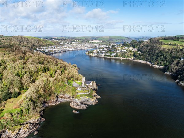 Dartmouth Castle over River Dart from a drone, Dartmouth, Kingswear, Devon, England, United Kingdom, Europe