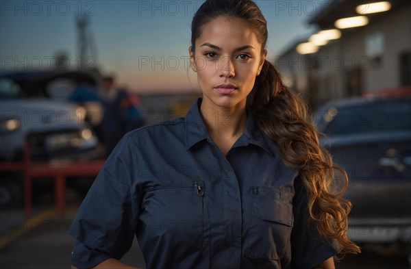 A confident mechanic woman stands at dusk in front of a car repair shop in professional attire, blurry selective focus background, bokeh, AI generated
