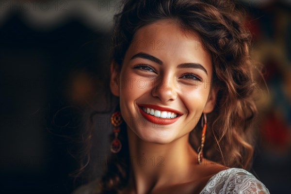 Smiling young woman with curly brunette hgair and brown skin. KI generiert, generiert AI generated
