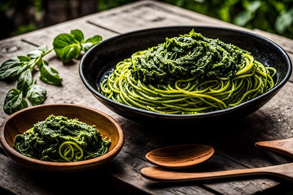 Zucchini noodles spiralized and adorned with homemade pesto sauce, AI generated