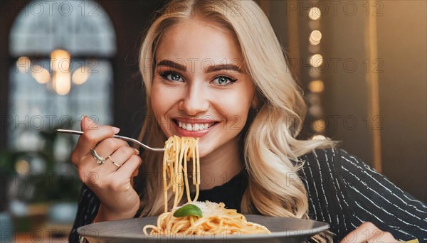 AI generated, An attractive woman eats a plate of spaghetti with relish