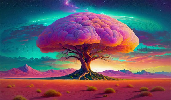 Synthwave tree surreal scene. Majestic ancient wood with a purple cloud instead of leaves crown growing in the desert with orange sand. AI generated art