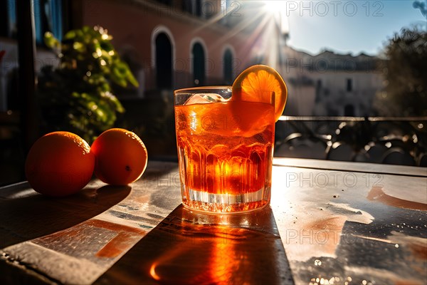 Aperol spritz radiating bright and bubbly charm glass positioned on a sunlit terrace table, AI generated