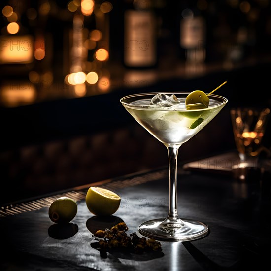 Gin martini with an olive resting on a polished bar top ambient lighting, AI generated