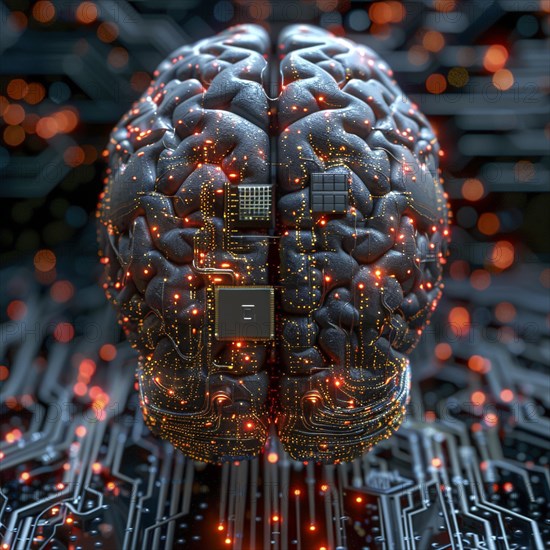 Medical a human head with brain and computer chip, symbol image KI in the human brain, ai generated, AI generated