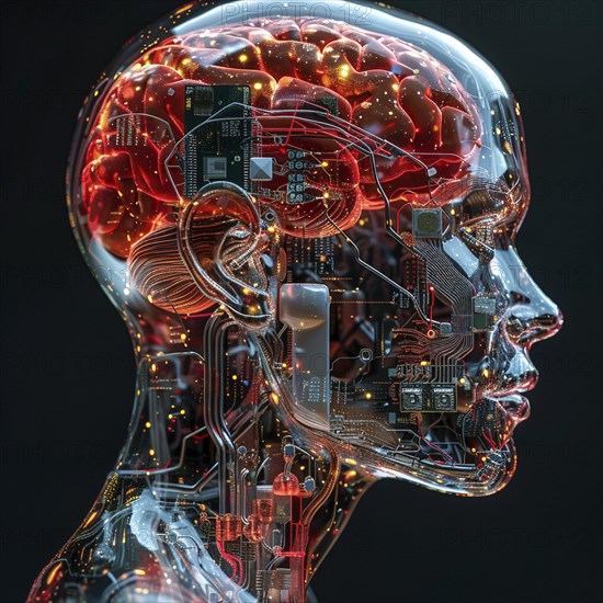 Medical a human head with brain and computer chip, symbol image KI in the human brain, ai generated, AI generated