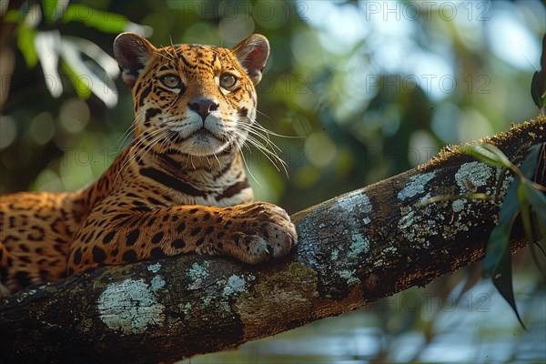 Jaguar resting on a tree branch in a natural wild habitat, AI generated