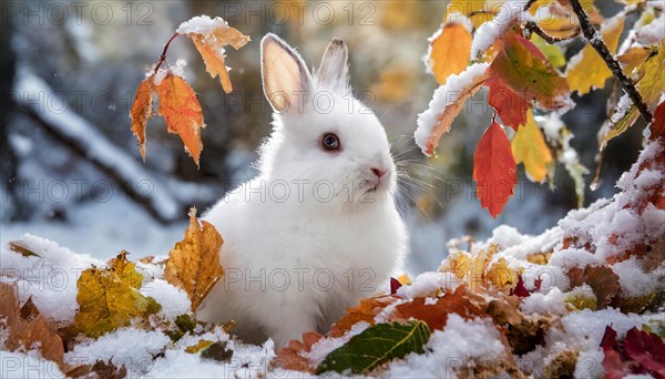 KI generated, A white dwarf rabbit in autumn, ice, snow, onset of winter, (Brachylagus idahoensis)