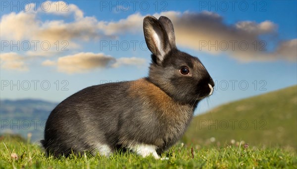 KI generated, A colourful dwarf rabbit in a meadow in summer, side view, (Brachylagus idahoensis)