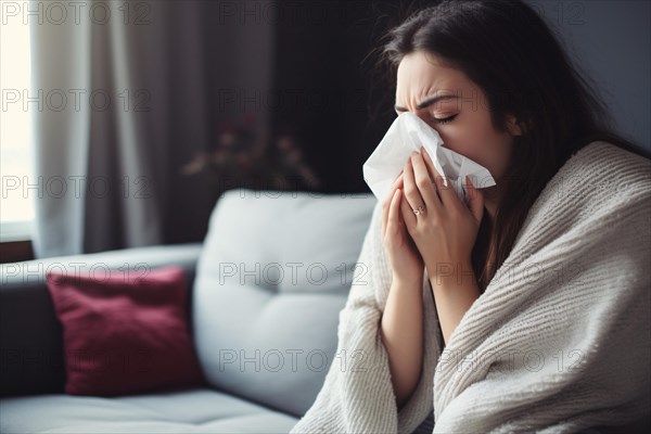 Sick woman covered with blanket sneezing into paper tissue. KI generiert, generiert AI generated