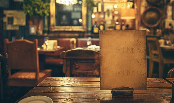 A worn old menu board on a wooden tavern table in a cozy dimly lit atmosphere AI generated