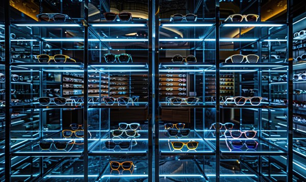 Multiple pairs of eyeglasses on illuminated shelves with blue lighting in a modern store AI generated