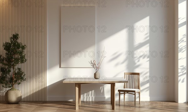 Serene modern interior with minimalist wooden table and chair set, and an empty frame overhead AI generated
