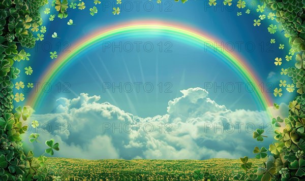 Bright and dreamy landscape with a rainbow, clouds, and clover field AI generated