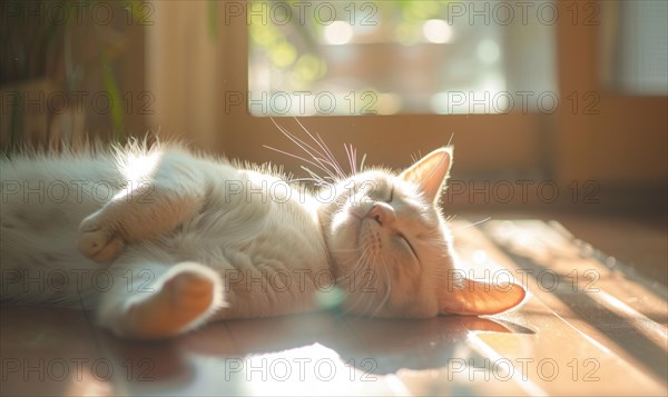 A cozy scene of a sleeping cat bathed in sunlight, capturing relaxation at home AI generated
