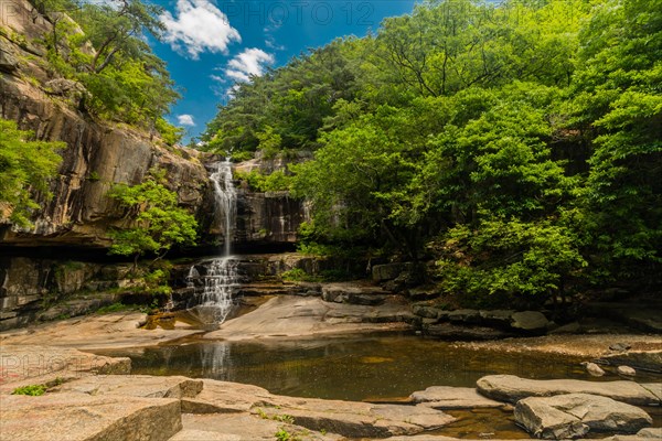 A scenic waterfall spills into a rock pool below with lush green trees and a clear sky, in South Korea