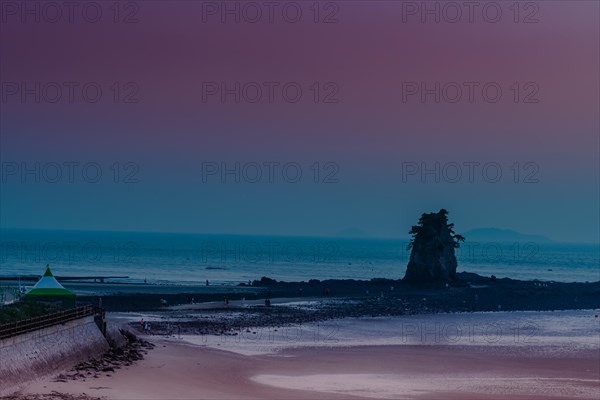 Tranquil evening scene with a purple sky over a coastal sea wall, in South Korea