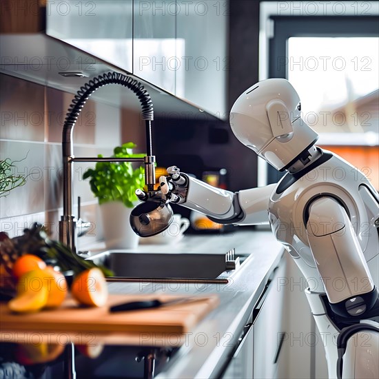 A modern robot works in a bright clean kitchen and fills water into a metal jug, AI generated, AI generated