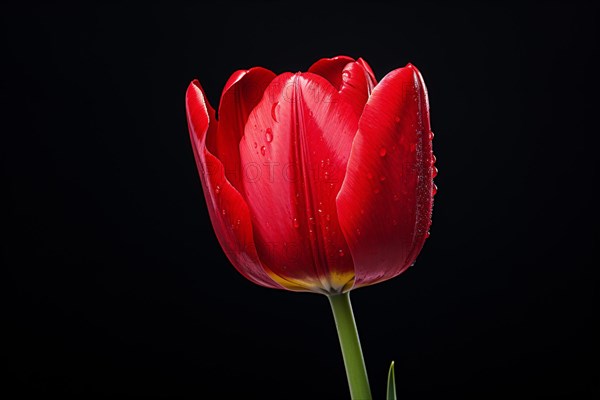 Single bright red tulip spring flower in front of black background. KI generiert, generiert AI generated