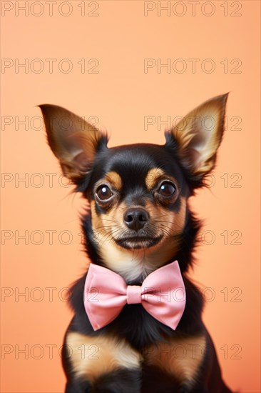 Cute tan colored Chihuahua dog with pink bow tie on orange studio background. KI generiert, generiert AI generated