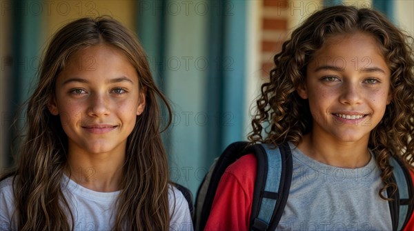 Smiling teenage twins wearing casual clothes and backpacks in a school corridor, wide horizontal aspect ratio, AI generated