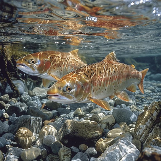Salmon (Salmo salar) on the migration and swim up a stream in shallow, clear water, ai generiert, AI generated