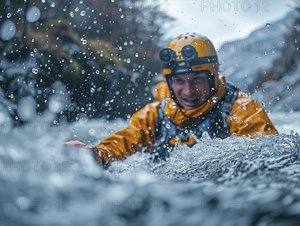 Whitewater riders ride boats through rapids, AI generated