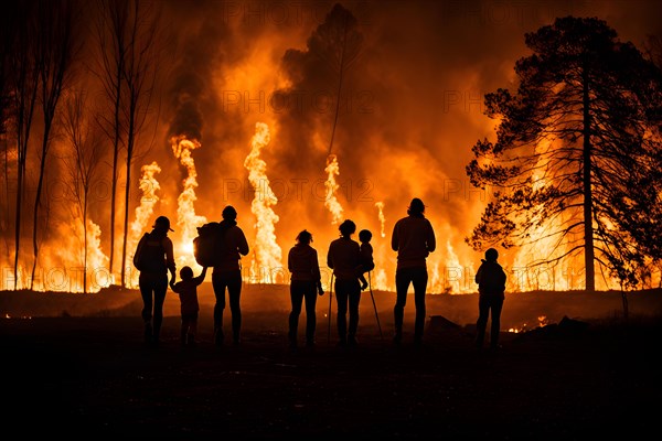 Family in hurried evacuation from a wooden house massive wildfire looming on the horizon, AI generated