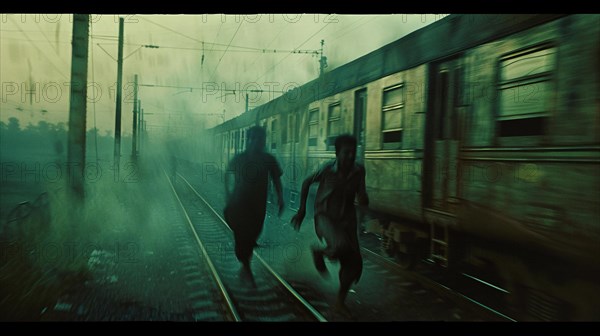 Two figures run alongside a moving train under rainy, overcast skies for a dramatic scene, AI generated