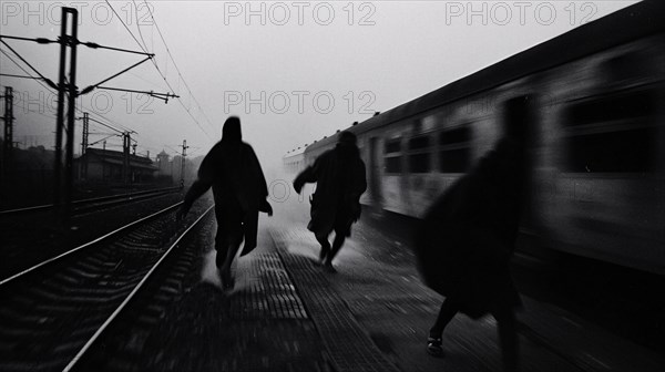 People walking by a train at a railway station, motion blur conveying speed, AI generated