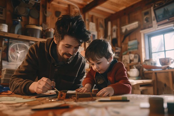 Father and young son drawing together in a carpentry workshop, AI generated