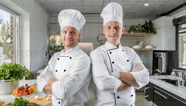 AI generated, Two attractive chefs in the kitchen of a hotel