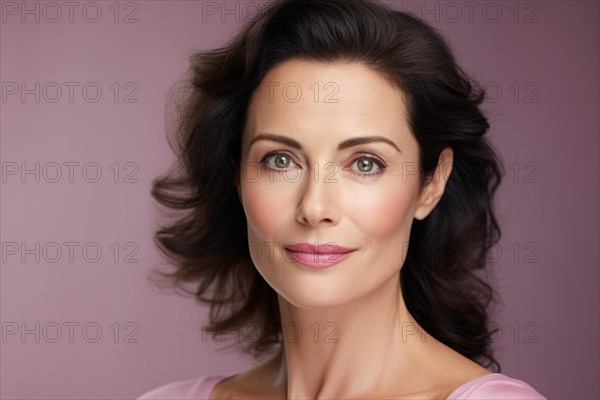 Portrait of beautiful middle aged woman with dark hair in front of pink studio backgound. KI generiert, generiert AI generated
