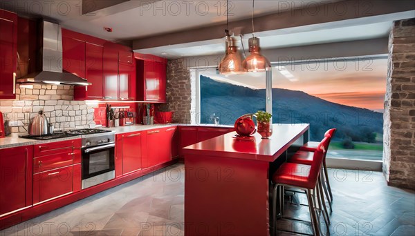 KI generated, A new red fitted kitchen has just been installed