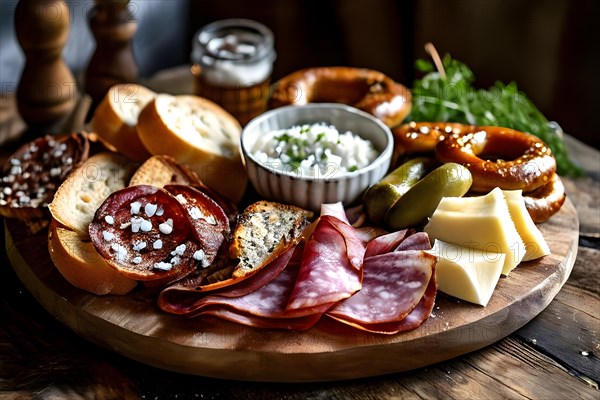 Bavarian snack plate overflowing with assorted cured meats draping, AI generated