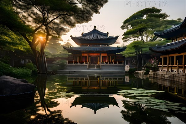 Shaolin temple mirrored perfectly in undisturbed waters, AI generated