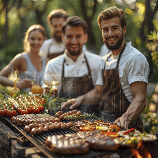 Barbecue party, guests with glasses in their hands stand around a chef who is grilling sausages and steaks, AI generated