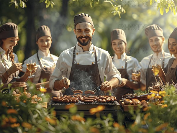 Barbecue party, guests with glasses in their hands stand around a chef who is grilling sausages and steaks, AI generated