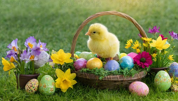 Ai generated, An Easter basket with coloured eggs in a meadow with colourful flowers, a chicken chick in the basket, symbolic image Easter, animal children