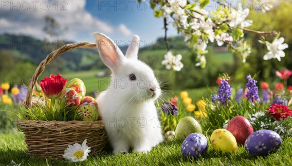 Ai generated, An Easter basket with coloured eggs in a meadow with colourful flowers, in the basket a white rabbit, symbolic picture Easter, animal children, dwarf rabbit