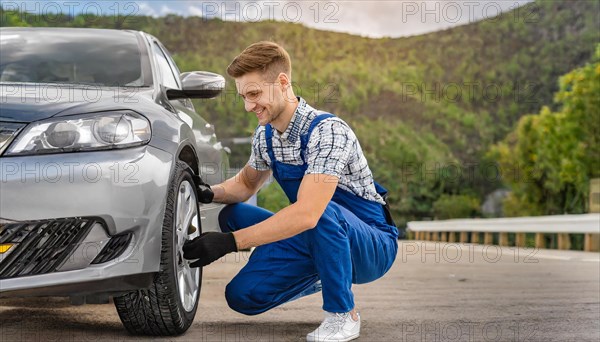 AI generated, A mechanic changes the tyres on a customer's car, tyre fitting, silver car