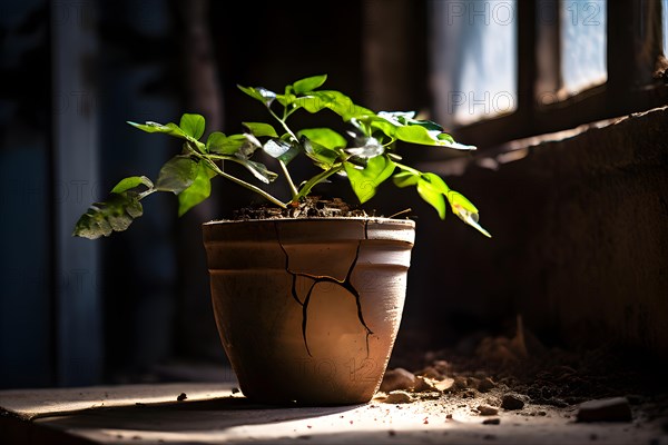 A cracked clay pot holding a flourishing plant symbolizing resilience and growth amidst imperfection, AI generated