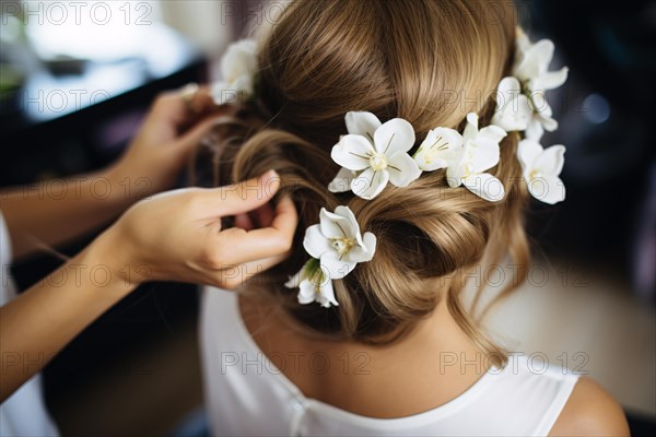 Close up of hairdresser styling beautiful bridal hair with flowers, AI generated