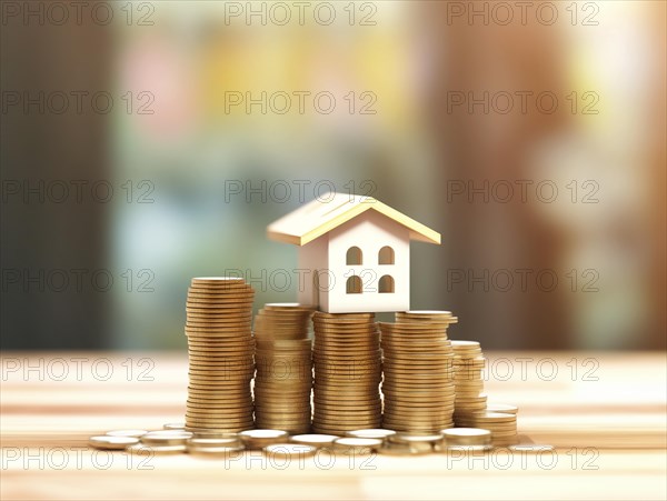 Small model house standing on several stacks of money coins, symbol image for house money, loan, mortgage, property, business, investment savings, insurance, debt, AI generated, AI generated, AI generated