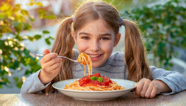 KI generated, A girl, 10, years, eats a plate of spaghetti with relish