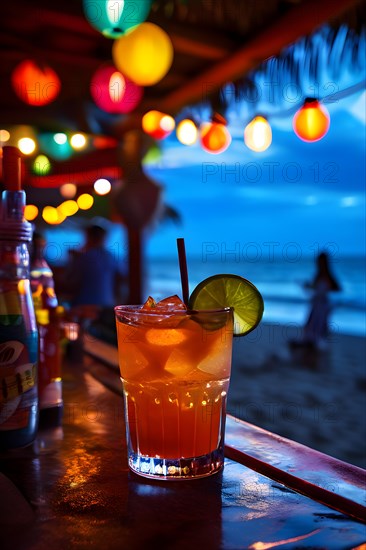 Sweet and sour margarita salt rimmed occupying on a beach bar counter, AI generated