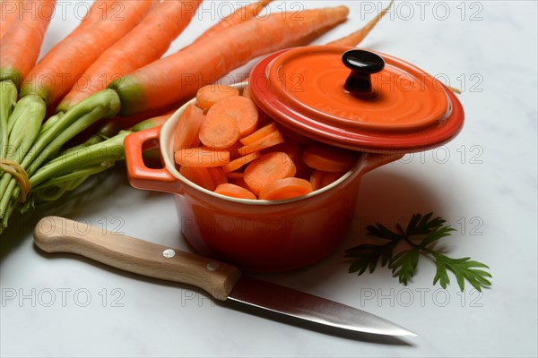 Sliced carrots in pot and bunch Carrots, Daucus carota, carrots